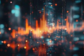 Fototapeta premium Abstract falling candlestick forex graph and dollar on blurry city wallpaper. Crisis and finance concept. generative ai