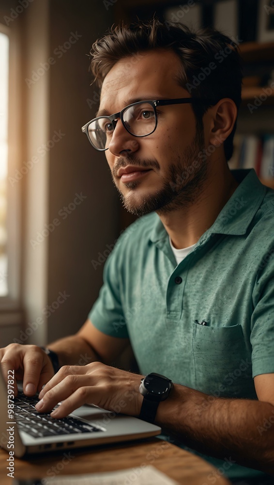 Poster man working from home on a computer.