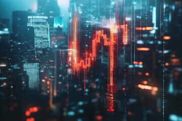 Abstract falling candlestick forex graph and dollar on blurry city wallpaper. Crisis and finance concept. generative ai