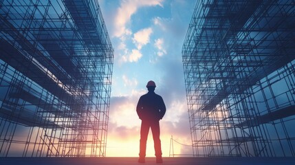Obraz premium Construction engineer standing in front of unfinished scaffolding with an open sky and space for text.