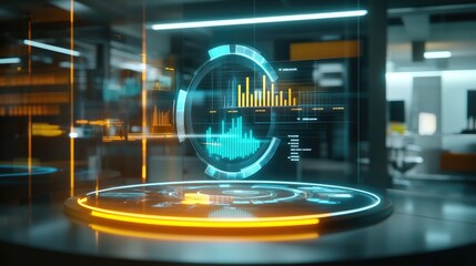 A futuristic 3D pie chart with data percentages hovering above each segment, illustrating financial growth, set against a modern office backdrop.