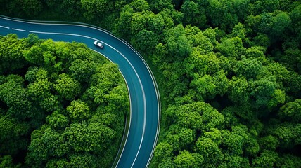 Aerial top view road in forest with car motion blur. Winding road through the forest. Car drive on the road between green forest. Ecosystem ecology healthy environment road trip. generative ai