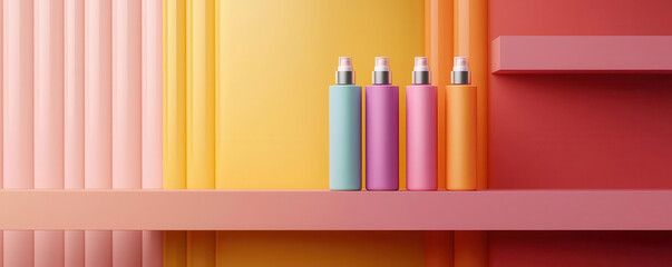 Obraz premium Virtual skincare lineup, glowing holographic labels, sleek shelf display, modern beauty technology