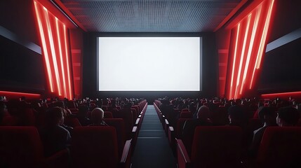 Fototapeta premium Movie theater interior with empty red seats facing a large screen