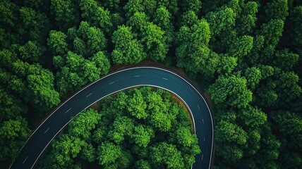 Aerial top view road in forest with car motion blur. Winding road through the forest. Car drive on the road between green forest. Ecosystem ecology healthy environment road trip. generative ai