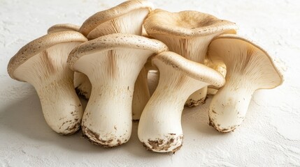 A group of raw king oyster mushrooms laying flat on a white surface, with their natural textures and subtle color variations displayed in detail.