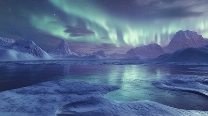 Naklejka premium Majestic Northern Lights over Snowy Arctic Landscape - A Tranquil Polar Night Scene.