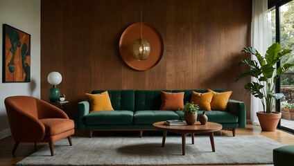 Mid-century modern living room with green velvet sofa and terracotta pendant.