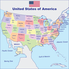 Obraz premium United States of America map (USA) map with borders of the states and names on grunge background