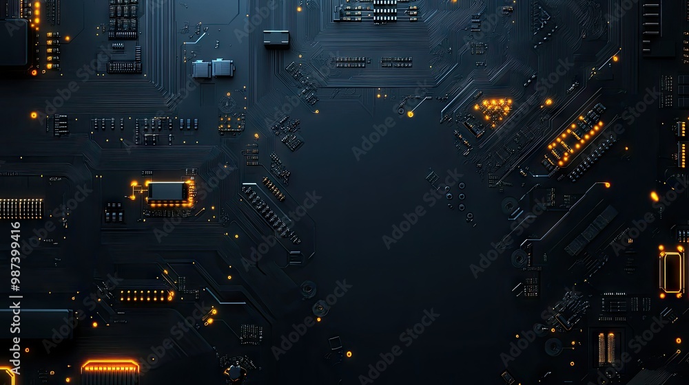 Poster electrical circuit board with visible components, leaving ample space on the right for text.