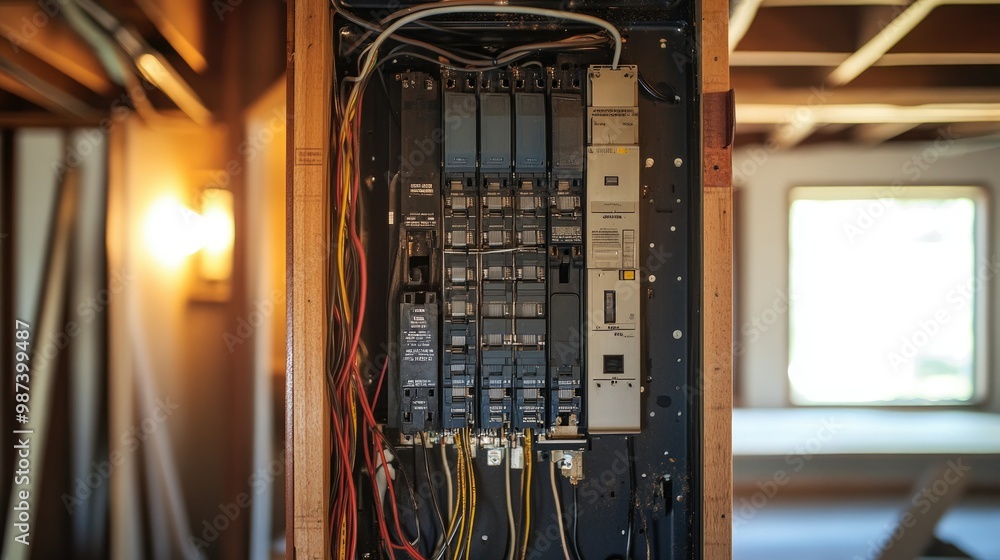 Poster electrical panel with open access showing wires and breakers, with space for text in the background.