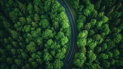 Aerial top view road in forest with car motion blur. Winding road through the forest. Car drive on the road between green forest. Ecosystem ecology healthy environment road trip. generative ai