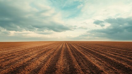 Empty plowed field stretching into the horizon, with a cloudy sky providing room for text.