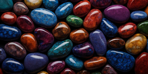 Polierte Edelsteine in leuchtenden Farben wie Blau, Rot, Violett und Gr&uuml;n, harmonisch arrangiert, mit gl&auml;nzender Oberfl&auml;che und kr&auml;ftigen Lichtreflexionen auf einem dunklen Hintergrund