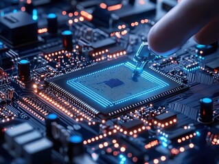 Obraz premium Close-up of robotic arm placing microchips on a motherboard, precision electronics assembly