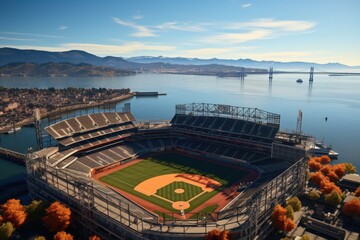 Empty stadium at sunset with vibrant clouds in the sky