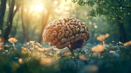 Digital 3D depicting a human brain entangled in a flourishing network of botanical abundance set against a serene and tranquil woodland glade landscape