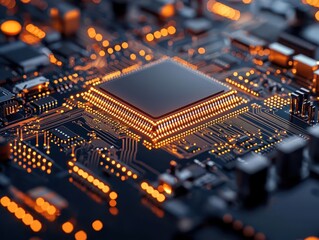 Obraz premium Close-up of robotic arm placing microchips on a motherboard, precision electronics assembly