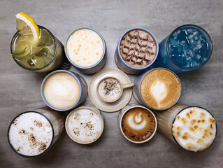 Cold and hot coffees with different aromas