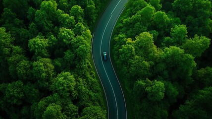 Aerial top view road in forest with car motion blur. Winding road through the forest. Car drive on the road between green forest. Ecosystem ecology healthy environment road trip. generative ai