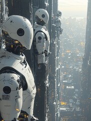 Minimalist AI Robots in Futuristic Urban Landscape