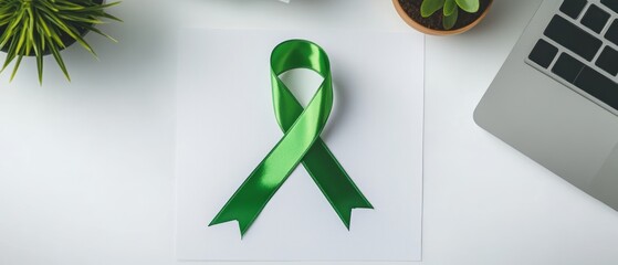 a green ribbon for cancer awareness on a white paper