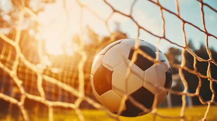 Naklejka premium A soccer ball in the net of a goal.