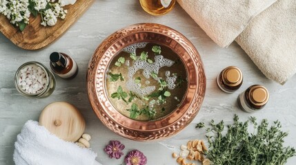 Flat lay of a copper bath pot filled with warm water, herbs, and bath salts, surrounded by natural bath products and a soft towel.