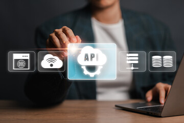 A visual representation of the Application Programming Interface (API) concept, highlighting digital interface, cloud computing, and data integration for technology and software development.