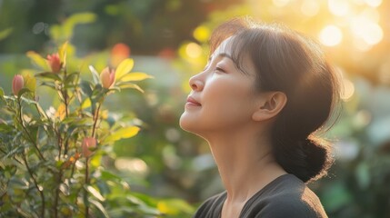 Naklejka premium Asian woman enjoying a peaceful moment in her garden, connecting with nature and reflecting on her life.
