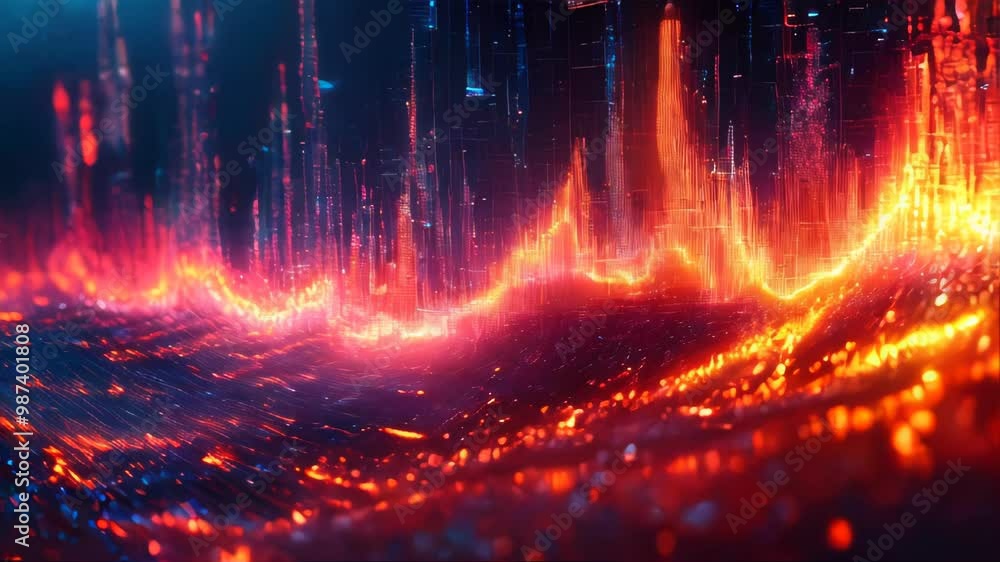 Poster a vibrant and futuristic abstract image showing data points and stock market trading charts with glo