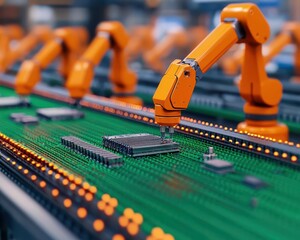 Close-up of electronic parts on a conveyor belt, robotic arms working in sync, high-tech manufacturing
