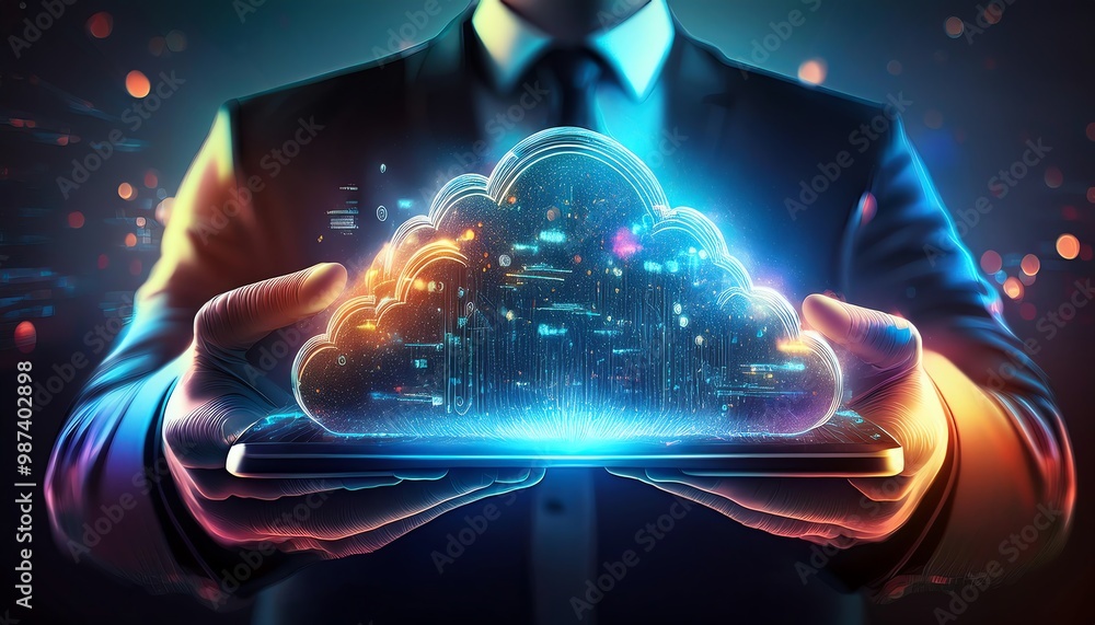 Aufkleber a person in a suit holds a sparkling, digital cloud symbolizing cloud computing and technology, with