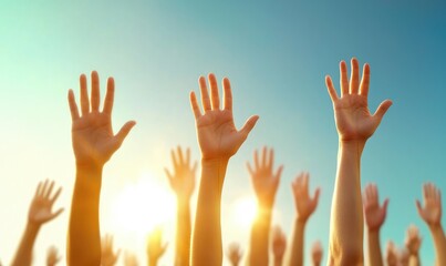 Fototapeta premium A crowd of diverse hands raised against a bright blue sky, symbolizing hope, unity, and collective action.