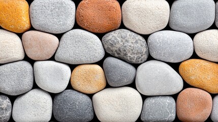 A diverse collection of smooth stones in various colors and sizes, perfect for decorative purposes or natural landscaping.