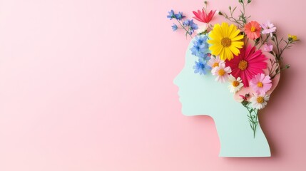 paper-cut art of a head with colorful wildflowers