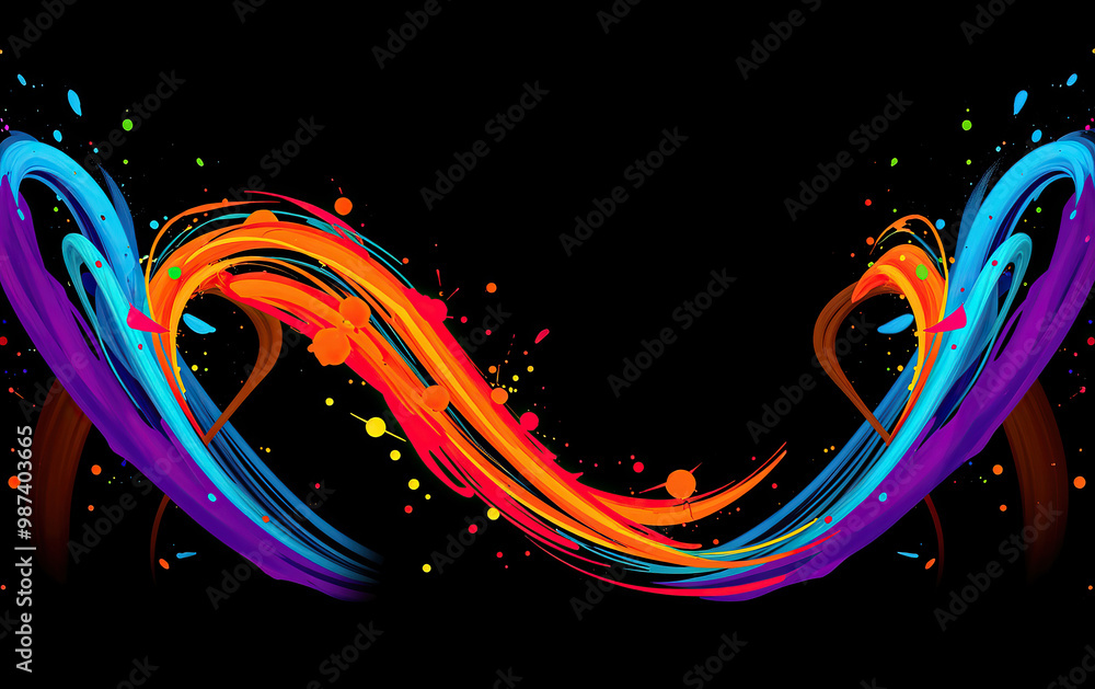 Poster vibrant abstract colorful swirls with splashes on black background
