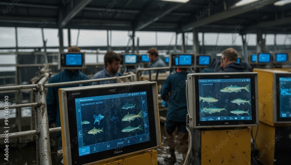 Poster monitoring technology on a fish farm with data screens.