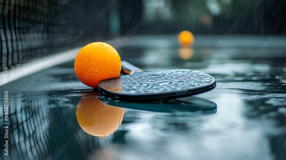 Canvas Prints A wet pickleball paddle and ball on a wet court.