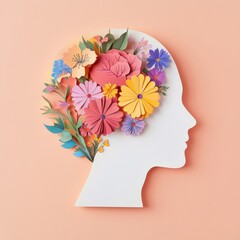 paper-cut art of a head with colorful wildflowers