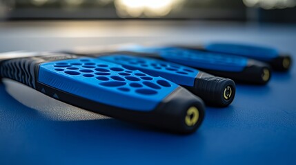 A row of blue and black paddleball rackets.