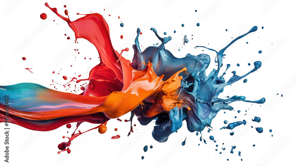 Poster dynamic splash of colorful paint on isolated transparent background for creative design projects