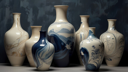 abstract illustration that merges the crisp details of porcelain painting with flowing shapes and muted blue, cream, and ivory tones, resembling the artistic quality of hand-painted porcelain vases