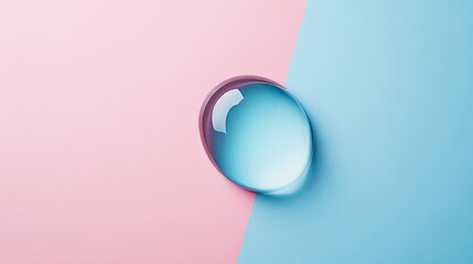 Flat lay of a single water droplet on a colored background, with plenty of room around it for promotional text or product details. -
