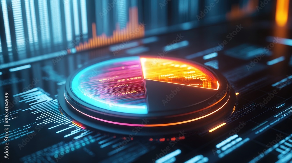 Poster a rotating 3d pie chart with glowing financial data labels, illustrating the distribution of assets 