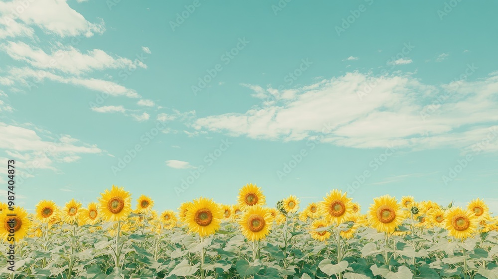 Poster flat lay of a sunflower field with a clean, empty sky above, ideal for adding text or branding on th
