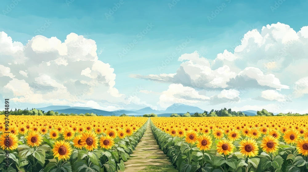 Poster flat lay of a sunflower field with rows of flowers and an empty sky above, perfect for adding promot
