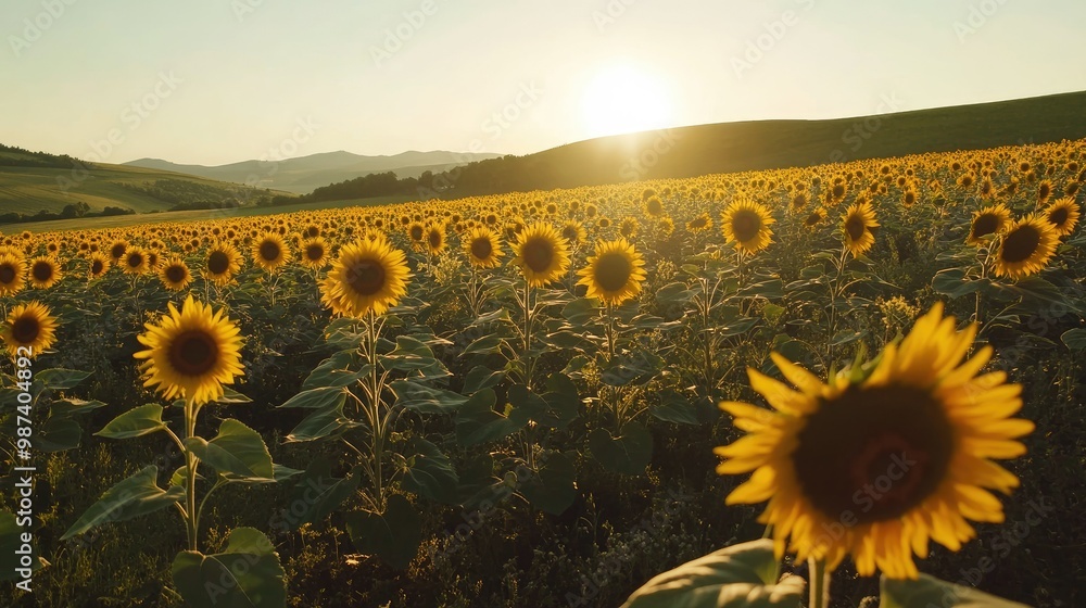 Poster flat lay of a sunflower field with a clean, empty sky above, ideal for adding text or branding on th