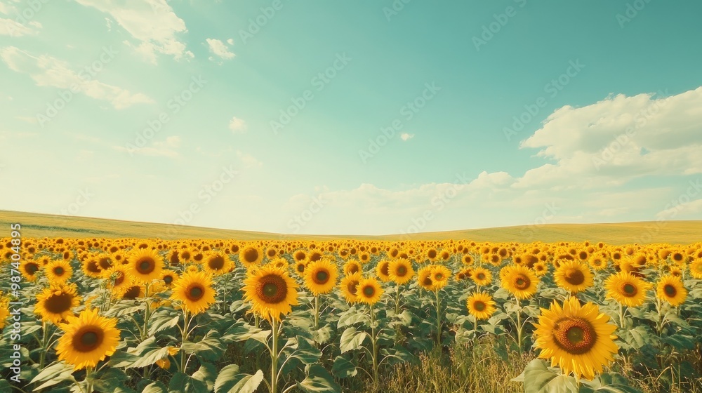Poster flat lay of a sunflower field with a clean, empty sky above, ideal for adding text or branding on th
