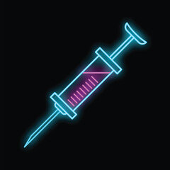Neon syringe glowing on a black background, perfect for representing medical concepts